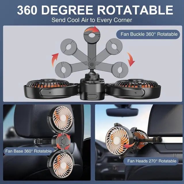 Alt view image 3 of 7 - Rechargeable Car Fan for Back Seat, Battery and USB Dual Power Car Fans for Baby Kids, Powerful 3 Speeds 360° Rotatable Dual Head Cooling Car Seat Fan