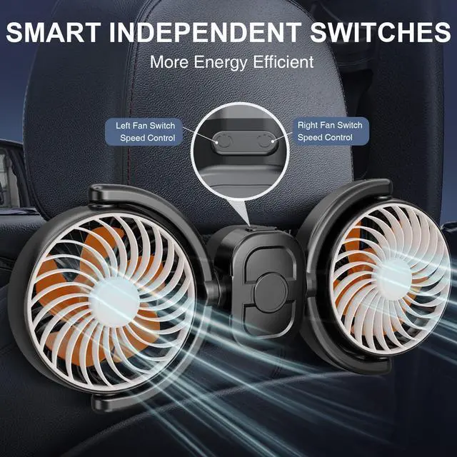 Alt view image 5 of 7 - Rechargeable Car Fan for Back Seat, Battery and USB Dual Power Car Fans for Baby Kids, Powerful 3 Speeds 360° Rotatable Dual Head Cooling Car Seat Fan