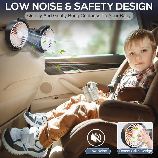 Alt view image 7 of 7 - Rechargeable Car Fan for Back Seat, Battery and USB Dual Power Car Fans for Baby Kids, Powerful 3 Speeds 360° Rotatable Dual Head Cooling Car Seat Fan