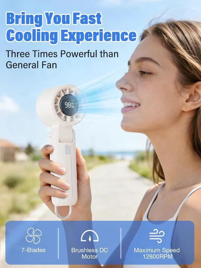 Alt view image 2 of 7 - AI Handheld Fan Turbo, 100-Speed Portable Fan Rechargeable, Mini Fan with 12800 RPM Strong Airflow, Foldable 4-in-1 Personal Fan for Travel, Camping, Beach & Office, USB-C & Lightweight & Quiet