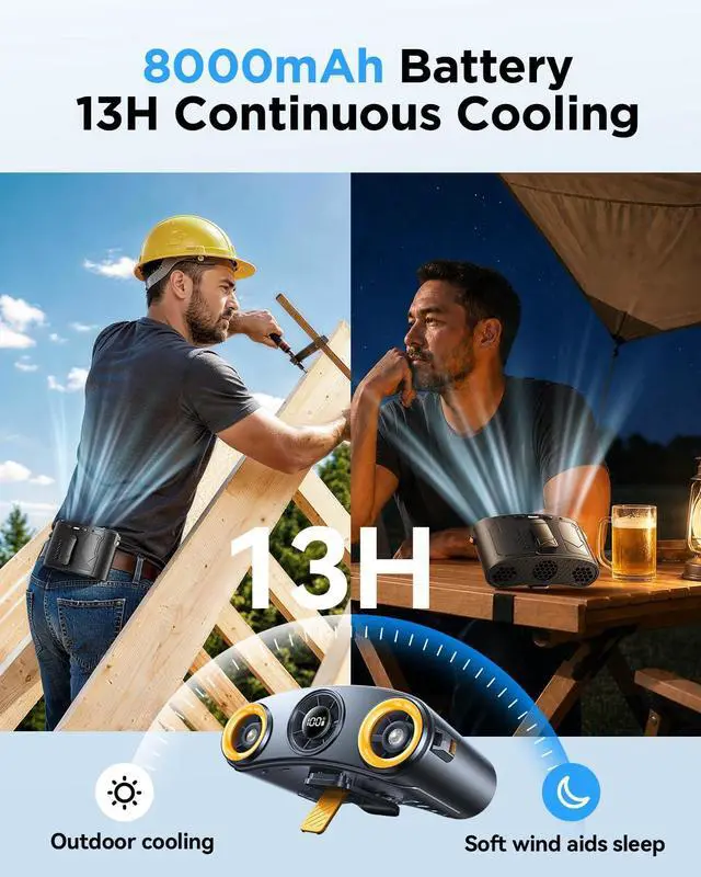 Alt view image 4 of 7 - Portable Waist Fan, 16000RPM 3-Head Belt Clip Fan with 8000mAh Battery, 100 Speeds, 10m/s Strong Wind, Flashlight, Rechargeable Under Shirt Fan for Outdoor Jobsite Camping Travel Black