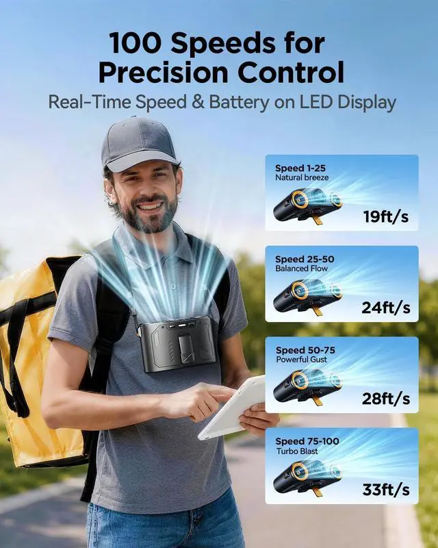 Alt view image 5 of 7 - Portable Waist Fan, 16000RPM 3-Head Belt Clip Fan with 8000mAh Battery, 100 Speeds, 10m/s Strong Wind, Flashlight, Rechargeable Under Shirt Fan for Outdoor Jobsite Camping Travel Black