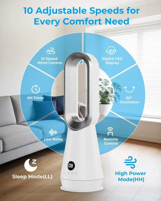 Alt view image 2 of 7 - Tower Fan for Bedroom - 22 inch Bladeless Fan, 8 Speeds, 9H Timer, LED Display, Cooling Fans Quiet Standing Floor Fan Powerful for Indoor Home Office Room