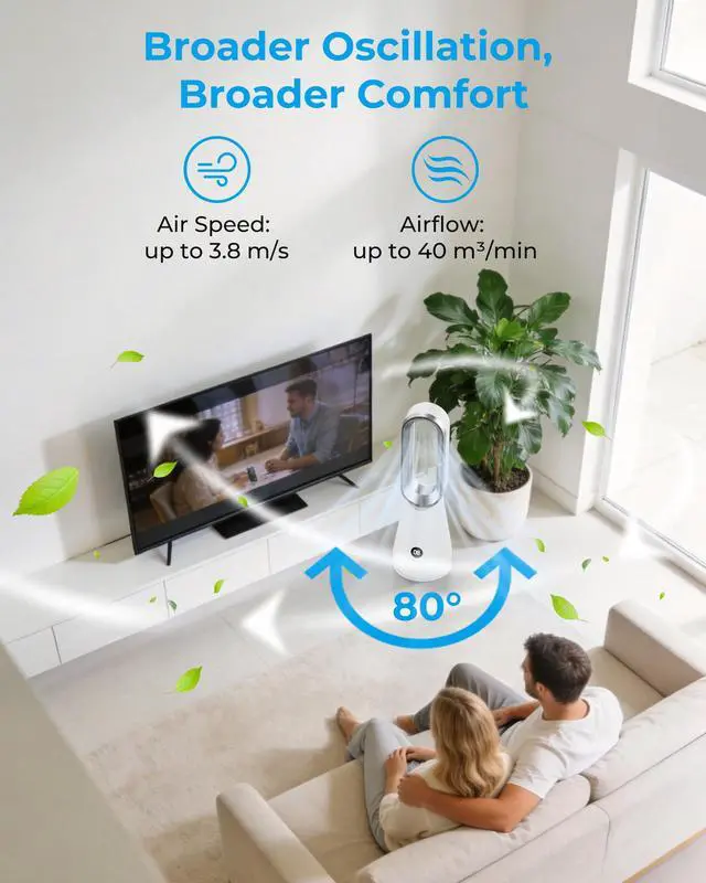 Alt view image 4 of 7 - Tower Fan for Bedroom - 22 inch Bladeless Fan, 8 Speeds, 9H Timer, LED Display, Cooling Fans Quiet Standing Floor Fan Powerful for Indoor Home Office Room