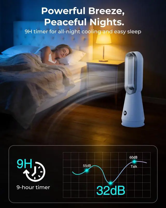 Alt view image 5 of 7 - Tower Fan for Bedroom - 22 inch Bladeless Fan, 8 Speeds, 9H Timer, LED Display, Cooling Fans Quiet Standing Floor Fan Powerful for Indoor Home Office Room
