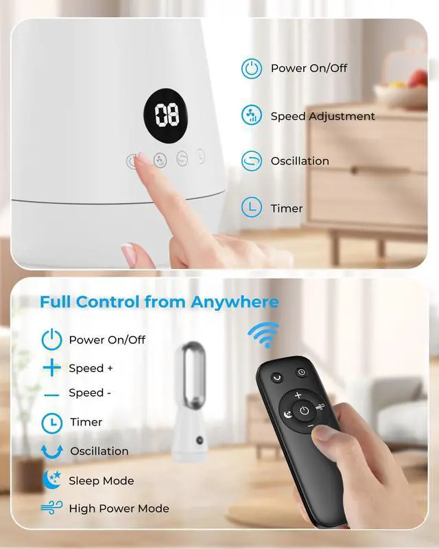 Alt view image 6 of 7 - Tower Fan for Bedroom - 22 inch Bladeless Fan, 8 Speeds, 9H Timer, LED Display, Cooling Fans Quiet Standing Floor Fan Powerful for Indoor Home Office Room