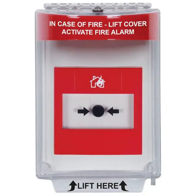 Alt view image 2 of 2 - Safety Technology International, Inc. -13010FR Universal Stopper®, Flush Mount and Fire label, Indoor/Outdoor Protective Polycarbonate Cover for Pull Stations or Call Points, Red