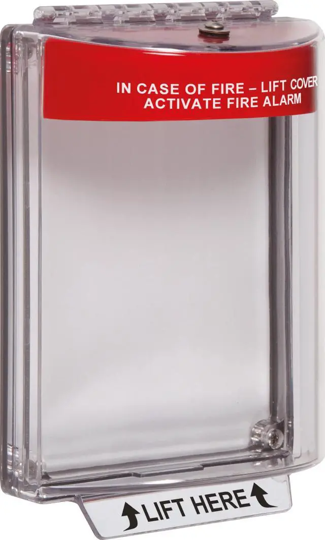 Main image of Safety Technology International, Inc. -13010FR Universal Stopper®, Flush Mount and Fire label, Indoor/Outdoor Protective Polycarbonate Cover for Pull Stations or Call Points, Red