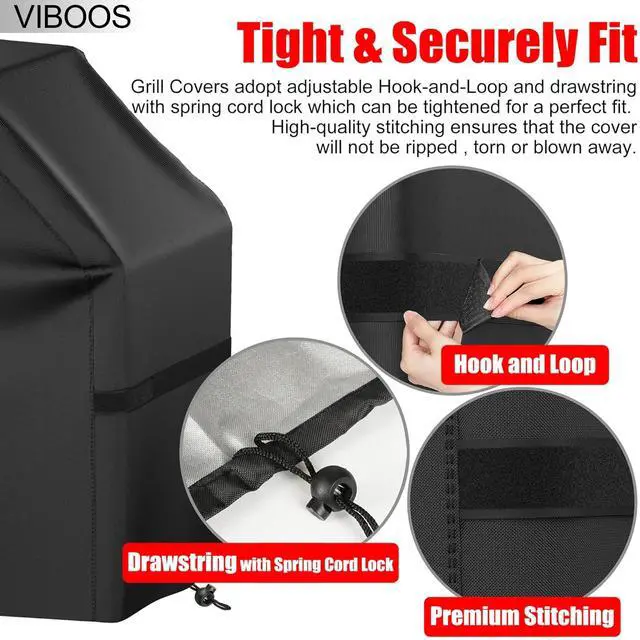 Alt view image 4 of 7 - Grill Cover, 58 inch BBQ Gas Grill Cover for Outdoor Grill, Waterproof, Anti-UV, Rip-Proof, Fade Resistant Material, Barbecue Cover with Hook-and-Loop Straps & Adjustable Hem Drawstring, Black