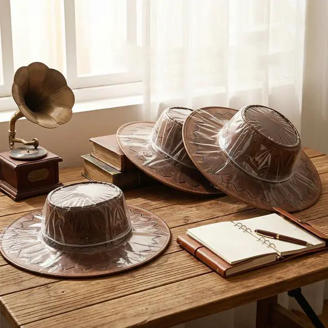 Alt view image 4 of 7 - Cowboy Hat Cover, 4 Pcs Waterproof Plastic Cowboy Hat Protector Travel Hat Rain Covers for Storage Dust Unisex Clear