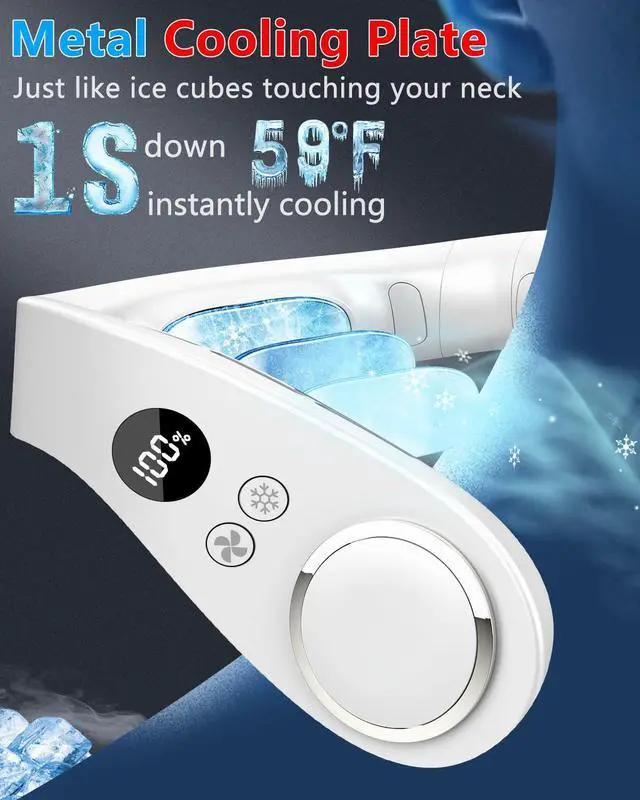 Alt view image 2 of 7 - Neck Fan with Cooling Plate-24H Quiet Powerful Fans that Blow Cold Air-5 Speed&Power LED Display-USB 5500mAh Bladeless Wearable Personal AC Cooler for Women,Men,Kids,Travel,Outside,Indoor White