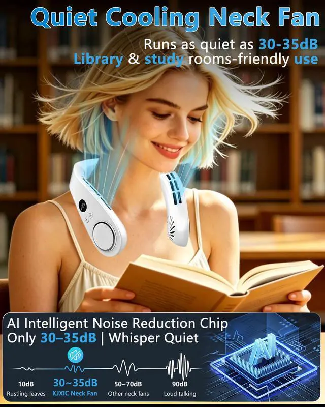Alt view image 4 of 7 - Neck Fan with Cooling Plate-24H Quiet Powerful Fans that Blow Cold Air-5 Speed&Power LED Display-USB 5500mAh Bladeless Wearable Personal AC Cooler for Women,Men,Kids,Travel,Outside,Indoor White