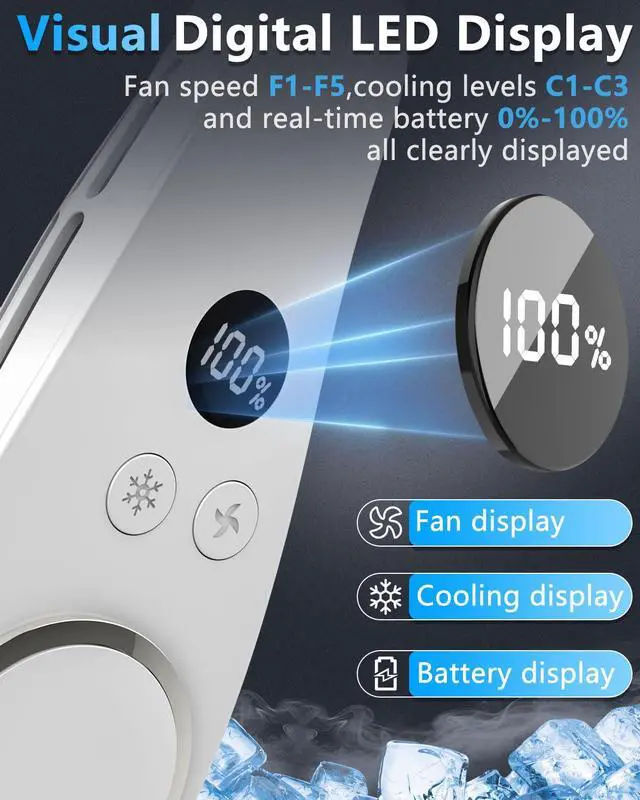 Alt view image 5 of 7 - Neck Fan with Cooling Plate-24H Quiet Powerful Fans that Blow Cold Air-5 Speed&Power LED Display-USB 5500mAh Bladeless Wearable Personal AC Cooler for Women,Men,Kids,Travel,Outside,Indoor White
