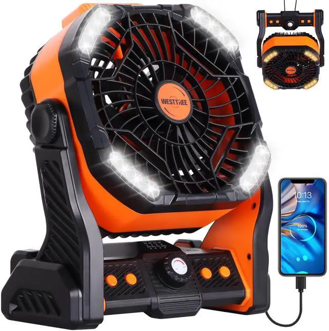 Main image of 20000mAh Battery powered fan Camping Fan essentials Portable fan Battery OperatedRechargeable Outdoor Tent with Light & Hook Personal USB Desk for Camping,Orange