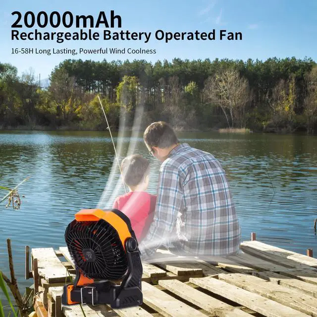 Alt view image 2 of 7 - 20000mAh Battery powered fan Camping Fan essentials Portable fan Battery OperatedRechargeable Outdoor Tent with Light & Hook Personal USB Desk for Camping,Orange