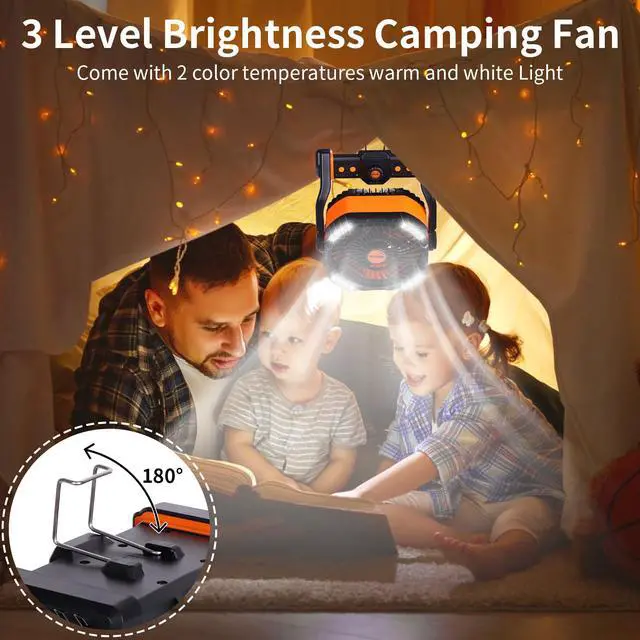Alt view image 3 of 7 - 20000mAh Battery powered fan Camping Fan essentials Portable fan Battery OperatedRechargeable Outdoor Tent with Light & Hook Personal USB Desk for Camping,Orange
