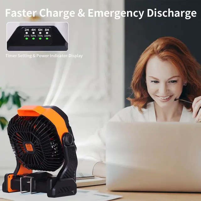 Alt view image 5 of 7 - 20000mAh Battery powered fan Camping Fan essentials Portable fan Battery OperatedRechargeable Outdoor Tent with Light & Hook Personal USB Desk for Camping,Orange