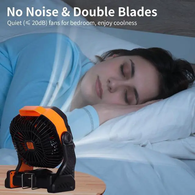 Alt view image 6 of 7 - 20000mAh Battery powered fan Camping Fan essentials Portable fan Battery OperatedRechargeable Outdoor Tent with Light & Hook Personal USB Desk for Camping,Orange