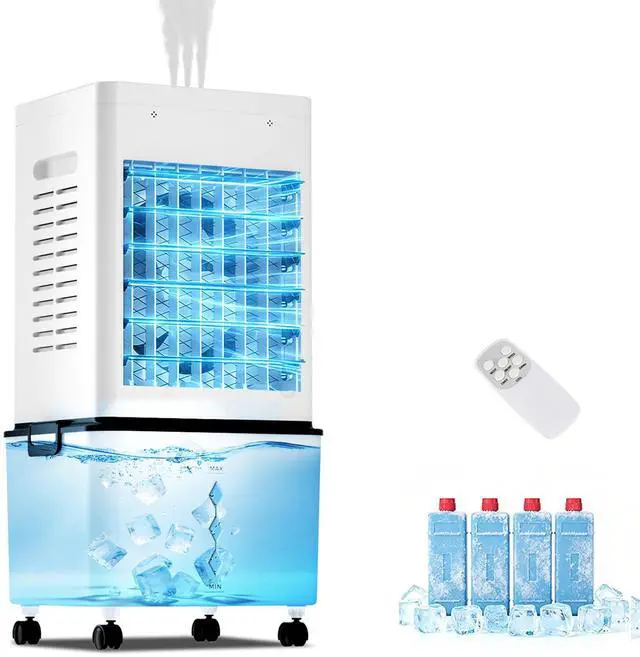 Main image of Evaporative Air Cooler Fan, Small Swamp Cooler Fan with 12L Removable Water Tank, 6 Speeds, Cooling Spray Modes & Lights, Remote, 24H Timer for Bedroom, Office & Living Room
