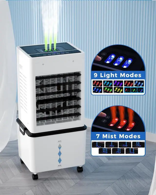 Alt view image 3 of 6 - Evaporative Air Cooler Fan, Small Swamp Cooler Fan with 12L Removable Water Tank, 6 Speeds, Cooling Spray Modes & Lights, Remote, 24H Timer for Bedroom, Office & Living Room