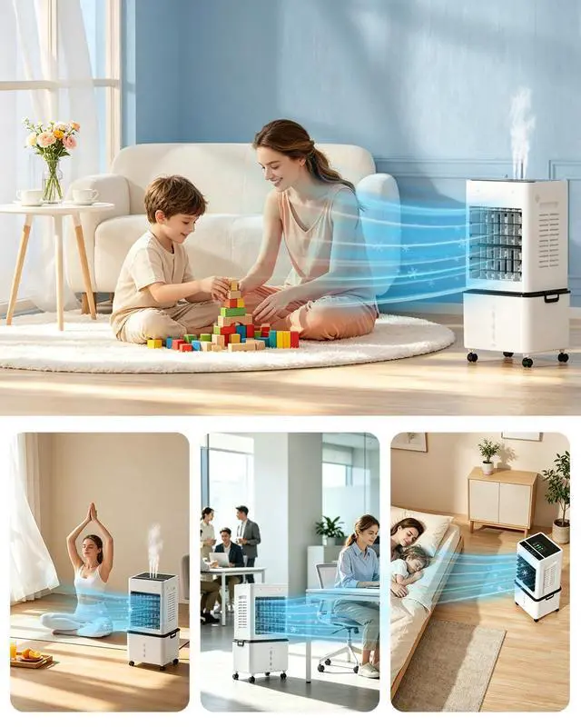 Alt view image 4 of 6 - Evaporative Air Cooler Fan, Small Swamp Cooler Fan with 12L Removable Water Tank, 6 Speeds, Cooling Spray Modes & Lights, Remote, 24H Timer for Bedroom, Office & Living Room