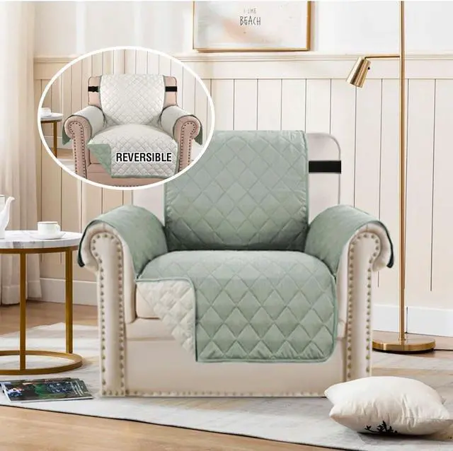 Alt view image 3 of 6 - Reversible Chair Cover Water Resistant Chair Couch Cover for Living Room Machine Washable Furniture Cover with Elastic Strap for Dogs, Pets(Armchair, Desert Sage/Beige)