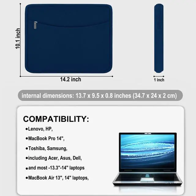 Alt view image 4 of 7 - Laptop Sleeve Case 14 inch, Shockproof Protective Laptop Cover Briefcase Carrying Computer Bag with Accessory Pocket Portable Computer Sleeve for 14" MacBook, HP, Dell, Lenovo, Acer, Blue
