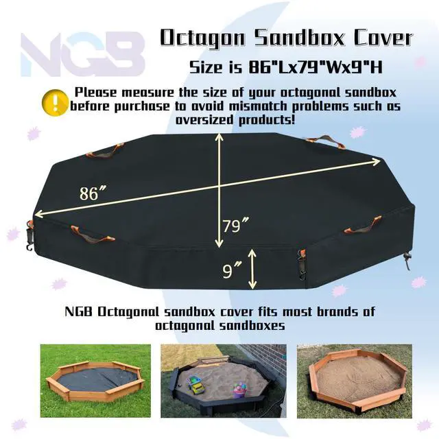 Alt view image 2 of 6 - Octagonal Sandbox Cover, Windproof and Dustproof with Adjustable Hook and Loop for Stabilization, 420D Waterproof Oxford Fabric, Protect Outdoor Garden Kids Sandbox Sand and Toys (Black, 84"X78"X9"
