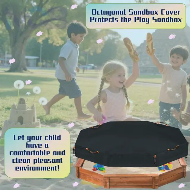Alt view image 5 of 6 - Octagonal Sandbox Cover, Windproof and Dustproof with Adjustable Hook and Loop for Stabilization, 420D Waterproof Oxford Fabric, Protect Outdoor Garden Kids Sandbox Sand and Toys (Black, 84"X78"X9"
