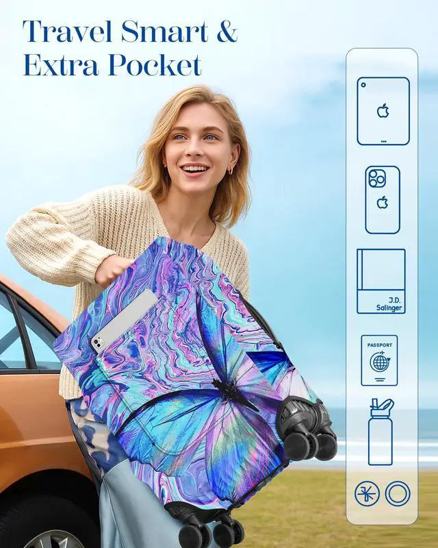 Alt view image 3 of 6 - Luggage Cover for Suitcase Tsa Approved Protector - Butterfly Luggage Sleeve Large Suit Case Cover Travel Stretch Baggage Case Protective Washable Fit 24-27 Inch