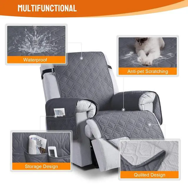 Alt view image 7 of 7 - 100% Waterproof Recliner Chair Covers, Recliner Cover Non-Slip Dog Chair Cover Furniture Protector Washable Slipcover with Pocket, Elastic Straps for Pets, Dogs(Dark Gray, 23.6")