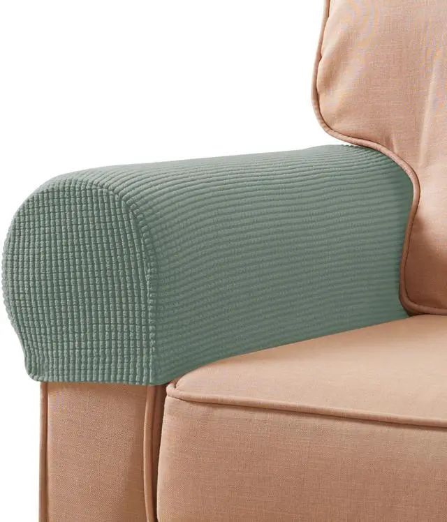 Main image of Stretch Couch Arm Covers Set of 2, Checkered Sofa Arm Slipcovers, Anti-Slip Armrest Covers for Recliner and Armchairs, Pet Proof, High Stretchy, Hook & Loop Tape, Olive Green