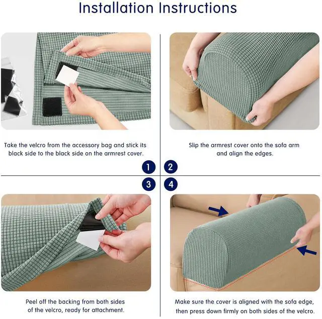 Alt view image 3 of 7 - Stretch Couch Arm Covers Set of 2, Checkered Sofa Arm Slipcovers, Anti-Slip Armrest Covers for Recliner and Armchairs, Pet Proof, High Stretchy, Hook & Loop Tape, Olive Green
