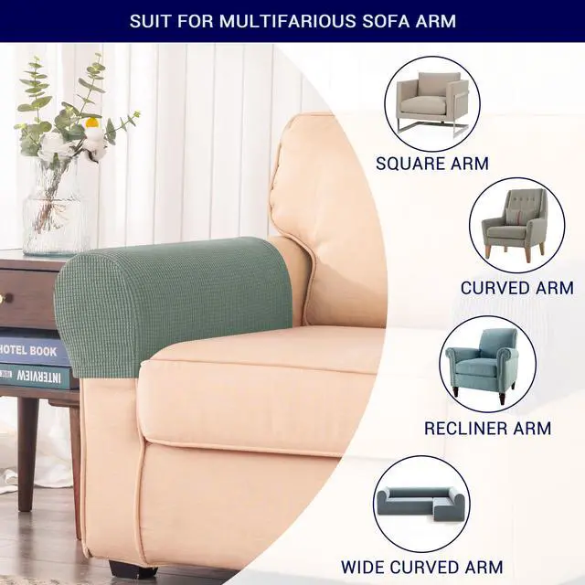 Alt view image 7 of 7 - Stretch Couch Arm Covers Set of 2, Checkered Sofa Arm Slipcovers, Anti-Slip Armrest Covers for Recliner and Armchairs, Pet Proof, High Stretchy, Hook & Loop Tape, Olive Green