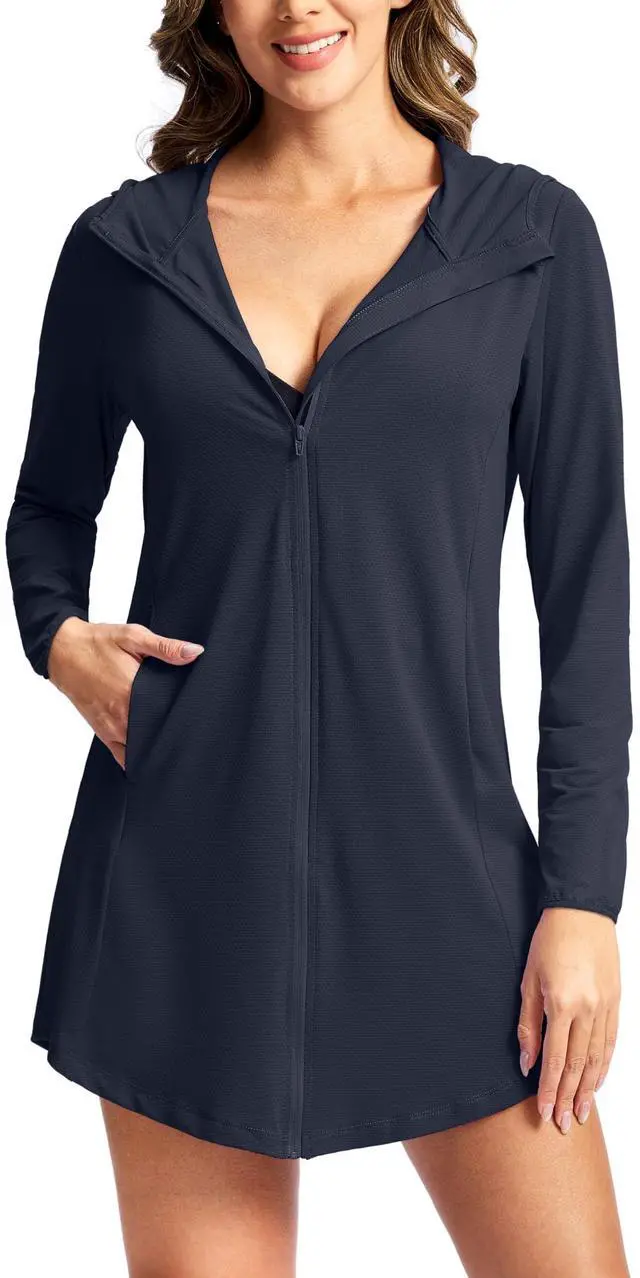 Main image of Women's UPF50+ Swim Cover Up Sun Protection Hoodie Long UV Jacket SPF Lightweight Swimsuit Beach Cover Ups for Women (Navy_L)