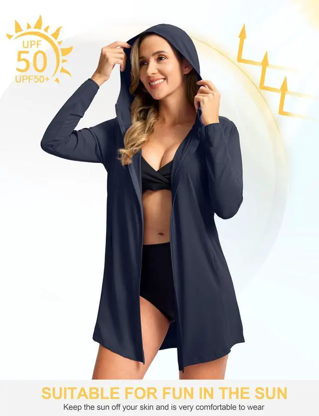 Alt view image 4 of 7 - Women's UPF50+ Swim Cover Up Sun Protection Hoodie Long UV Jacket SPF Lightweight Swimsuit Beach Cover Ups for Women (Navy_L)