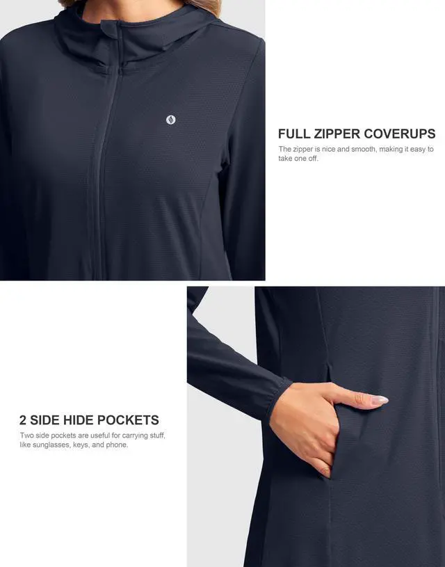Alt view image 5 of 7 - Women's UPF50+ Swim Cover Up Sun Protection Hoodie Long UV Jacket SPF Lightweight Swimsuit Beach Cover Ups for Women (Navy_L)
