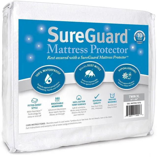 Main image of Twin Extra Long (XL) Mattress Protector - 100% Waterproof, Hypoallergenic - Premium Fitted Cotton Terry Cover