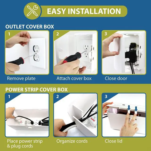 Alt view image 6 of 7 - Power Strip Cover and Outlet Cover Box - Effectively Baby Proofs Power Strip on Floor or Wall, Protects Small Hands & Fingers, Cover Box and Outlet Cover Box (White-Bundle)