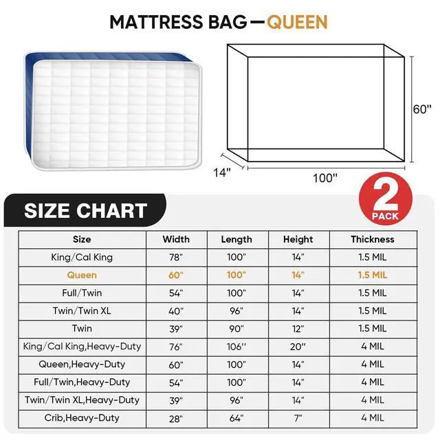 Alt view image 4 of 7 - 2 PK Queen Mattress Bags for Moving Storage,Mattress Bag for Disposal, Mattress Storage Bag Queen Mattress Cover for Moving