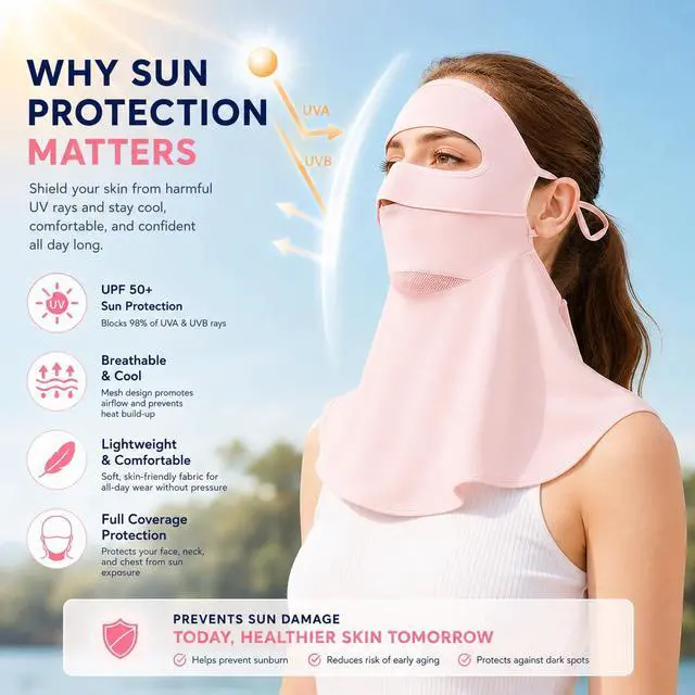 Alt view image 2 of 7 - Face Cover for Sun Protection UPF 50+ UV Face Mask, UV Face Shield for Golf, Hiking Fishing & Outdoors Breathable (Pink)
