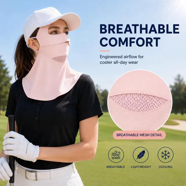 Alt view image 5 of 7 - Face Cover for Sun Protection UPF 50+ UV Face Mask, UV Face Shield for Golf, Hiking Fishing & Outdoors Breathable (Pink)