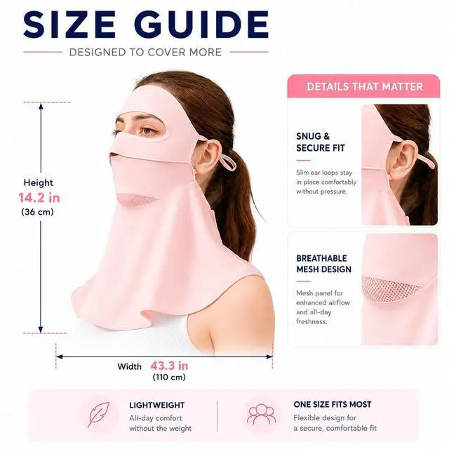 Alt view image 6 of 7 - Face Cover for Sun Protection UPF 50+ UV Face Mask, UV Face Shield for Golf, Hiking Fishing & Outdoors Breathable (Pink)