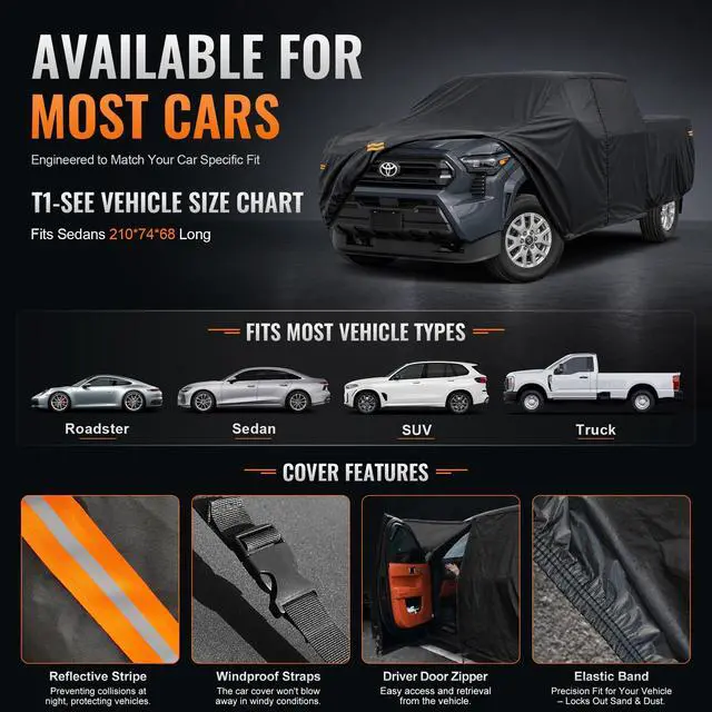 Alt view image 2 of 5 - Truck Cover Outdoor Pickup Car Covers(Length up to 210 inch) Universal Fit for Toyota Tundra,Nissan Frontier,Ford F150,Chevy C10,GMC Canyon Sierra 1500,Colorado etc Size T1(See Size Chart)
