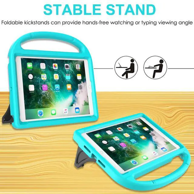 Alt view image 3 of 7 - Kids Case for iPad 5th/6th Generation (9.7-inch, 2017/2018), iPad Air 2 Case with Screen Protector, iPad Pro 9.7 Durable Shockproof Protective Cover with Handle Stand for Kids, Cyan