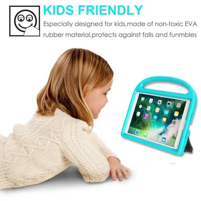 Alt view image 7 of 7 - Kids Case for iPad 5th/6th Generation (9.7-inch, 2017/2018), iPad Air 2 Case with Screen Protector, iPad Pro 9.7 Durable Shockproof Protective Cover with Handle Stand for Kids, Cyan