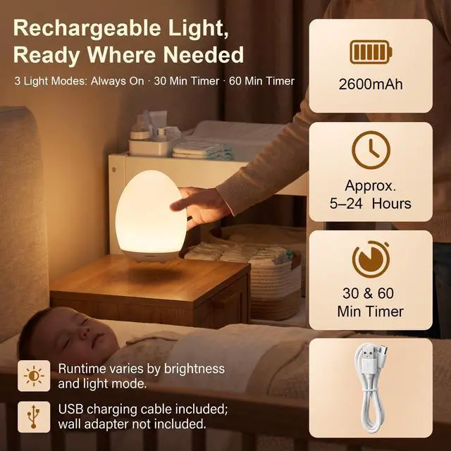 Alt view image 4 of 7 - Egg Light for Nursery, Rechargeable Touch-Control Baby Night Light