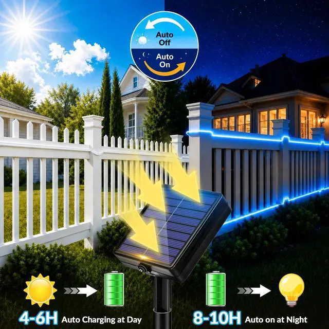 Alt view image 3 of 7 - Solar Rope Lights, 1Pack 33FT 100 LED Solar Fairy Lights with 8 Lighting Modes, IP65 Waterproof Strip Light Outdoor for Garden Yard Patio Deck Fence Tree Party Halloween Decoration, Blue