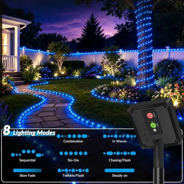 Alt view image 2 of 7 - Solar Rope Lights, 1Pack 33FT 100 LED Solar Fairy Lights with 8 Lighting Modes, IP65 Waterproof Strip Light Outdoor for Garden Yard Patio Deck Fence Tree Party Halloween Decoration, Blue
