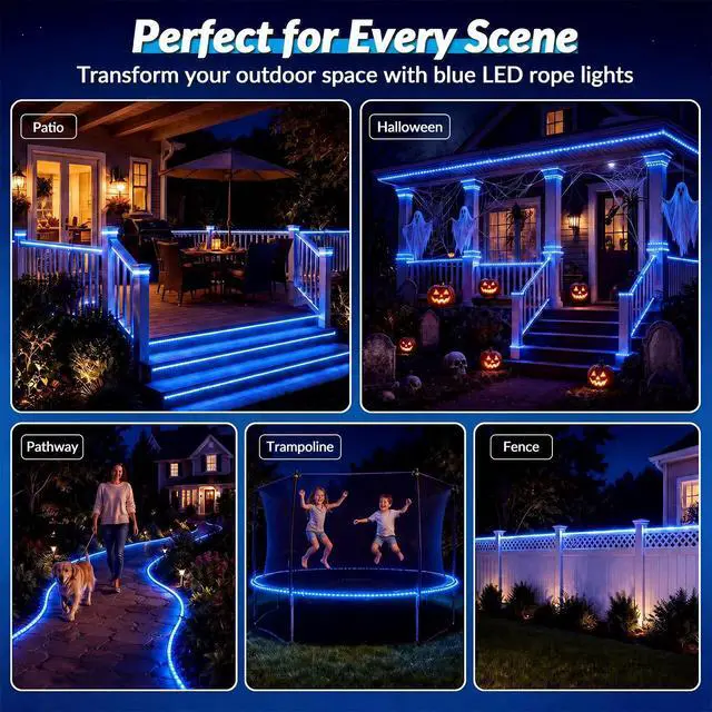 Alt view image 7 of 7 - Solar Rope Lights, 1Pack 33FT 100 LED Solar Fairy Lights with 8 Lighting Modes, IP65 Waterproof Strip Light Outdoor for Garden Yard Patio Deck Fence Tree Party Halloween Decoration, Blue